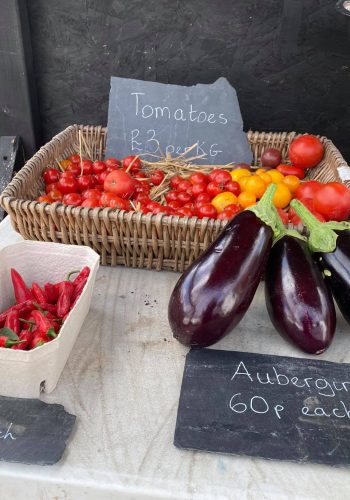 basket of tomatoes, pot of chillis and aubergines for sale